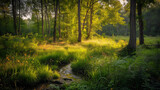 Cenário sereno clareira na floresta luz dourada riacho calmo verde vibrante flores selvagens tranquilidade sonora