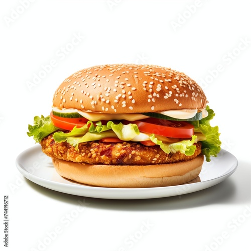 a tofu burger with vegetables on plate, studio light , isolated on white background