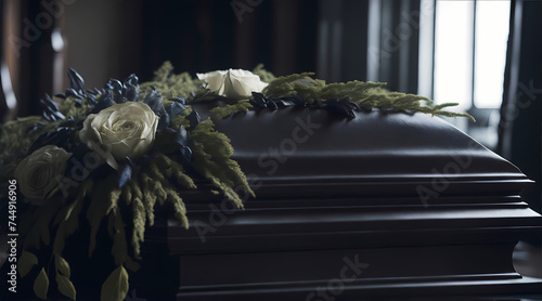 Casket with flowers Created With Generative Ai photo