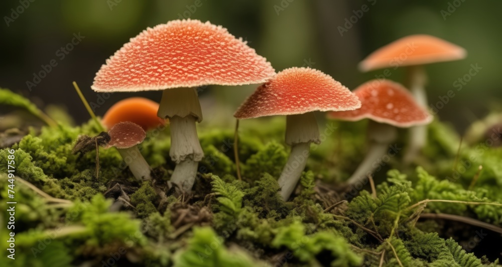 Fototapeta premium Nature's vibrant palette - A close-up of wild mushrooms in their natural habitat