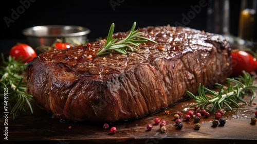 Front view of Grilled steak with melted barbeque sauce on a black and blurry background