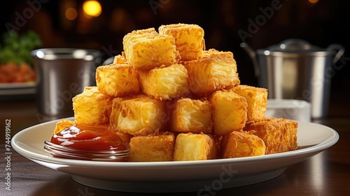 Front view of Crispy tater tots with savory salty spices with black and blur background
