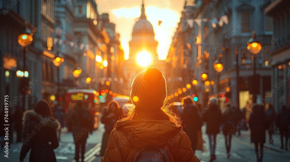 People in London street bokeh at sunset People in London street bokeh at sunset