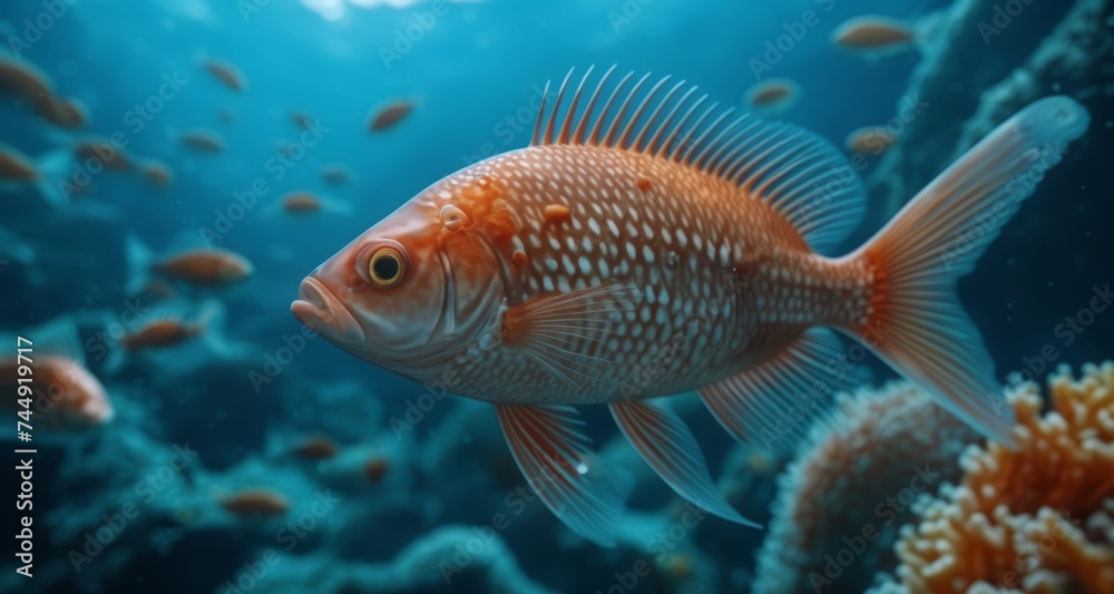 Fototapeta premium Underwater beauty - A vibrant coral reef scene with a striking orange fish