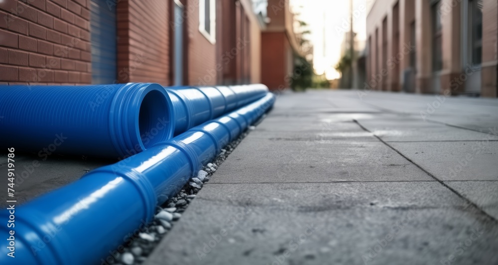 Blue pipe, urban setting, construction or utility work Blue pipe, urban setting, construction or utility work