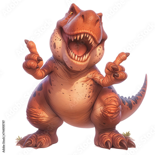Fototapeta Naklejka Na Ścianę i Meble -  Isolated 3d cartoon funny dinosaur t-rex a white background. Sweet friendly cute dinosaur. A parody, a caricature. Isolated on white background as transparent PNG