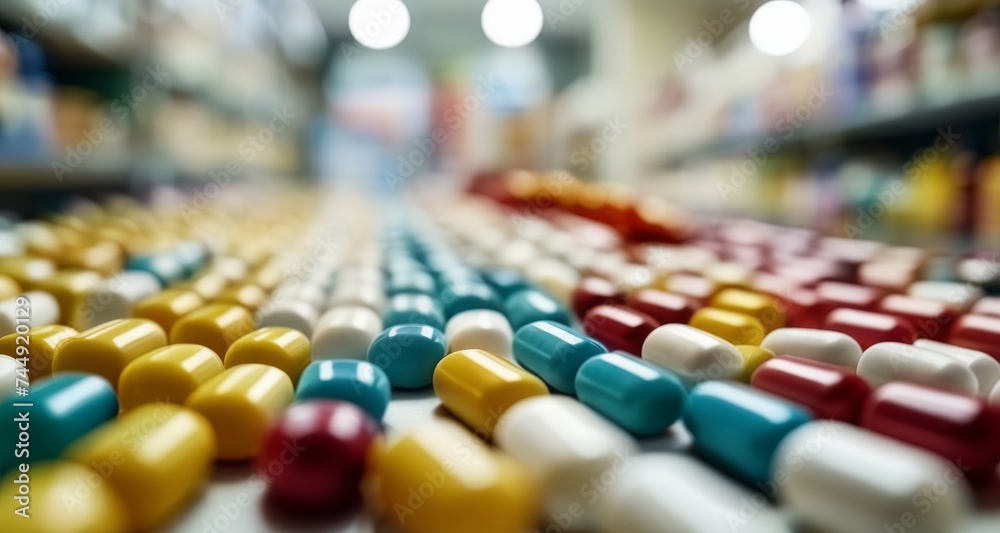 Vibrant pharmacy aisle with a variety of colorful pills Vibrant pharmacy aisle with a variety of colorful pills