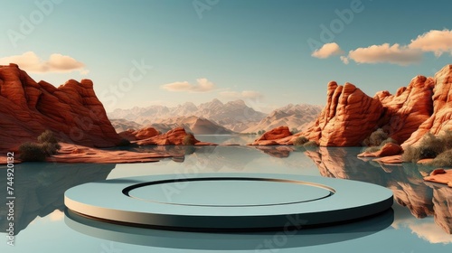 3d circle podium product stand or display with sky and Water background and cinematic light,