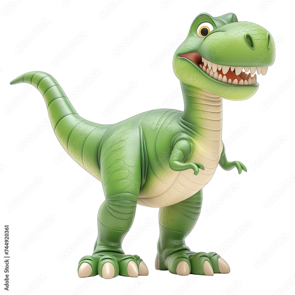 Fototapeta premium Isolated 3d cartoon funny dinosaur t-rex a white background. Sweet friendly cute dinosaur. A parody, a caricature. Isolated on white background as transparent PNG