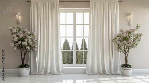 White luxury curtains for doors and windows home decorations for living room and modern style, empty modern room with the tree vase, © SongMin
