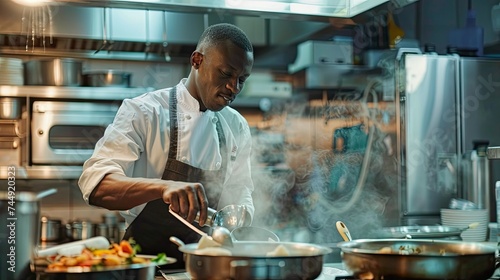 Masterful Culinary Artistry  A Skilled Chef Stirring Up Delicious Creations in a Bustling Restaurant Kitchen