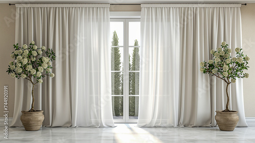 White luxury curtains for doors and windows home decorations for living room and modern style  empty modern room with the tree vase 