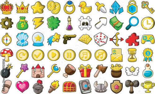 Icon of game art. Driving games and shooting games. Premium game icon. Custom icon sprites badges. Warrior game elements. Weapon and award icon clip art. Game vector illustration elements art.