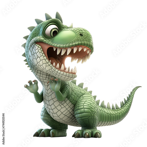 Isolated 3d cartoon funny dinosaur t-rex a white background. Sweet friendly cute dinosaur. A parody  a caricature. Isolated on white background as transparent PNG