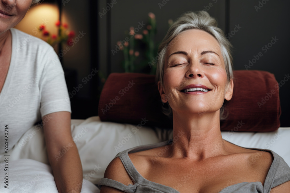 woman relaxing on sofa. Spa. Healthy boy. Happy woman. woman relaxing on sofa. Spa. Healthy boy. Happy woman.