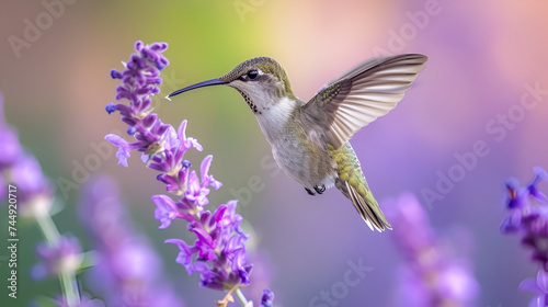 a beautiful hummingbird in flight near a purple flower. generative ai 