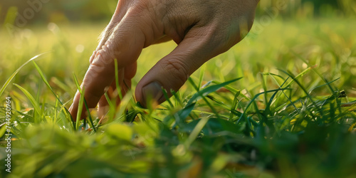 a close up shot of a person s hand  touching grass  generative AI
