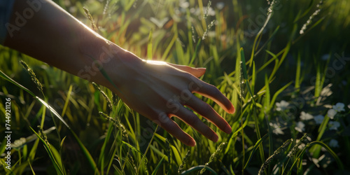 a close up shot of a person's hand, touching grass, generative AI