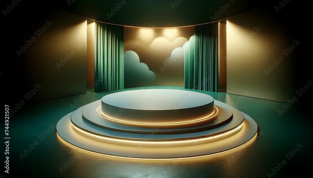 Fototapeta premium 3D render of illuminated stage with green curtains and circular platform, for mockup or presentation