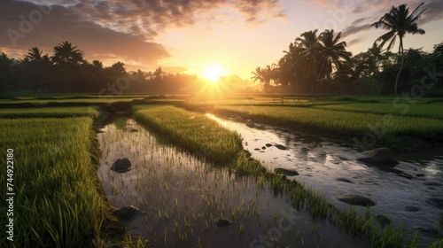 Rice field and beautiful sunset in the morning 