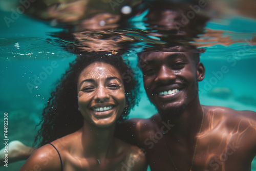 Family Dive: Happy Couple Enjoys Underwater Fun, Creating Beautiful Memories with a Summer Selfie.