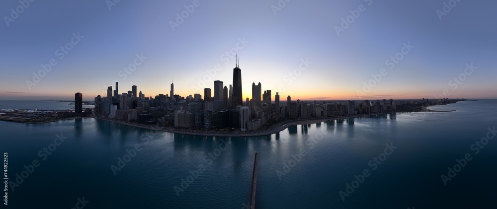 Drone panorama of the skyline of Downtown Chicago during sunset 
