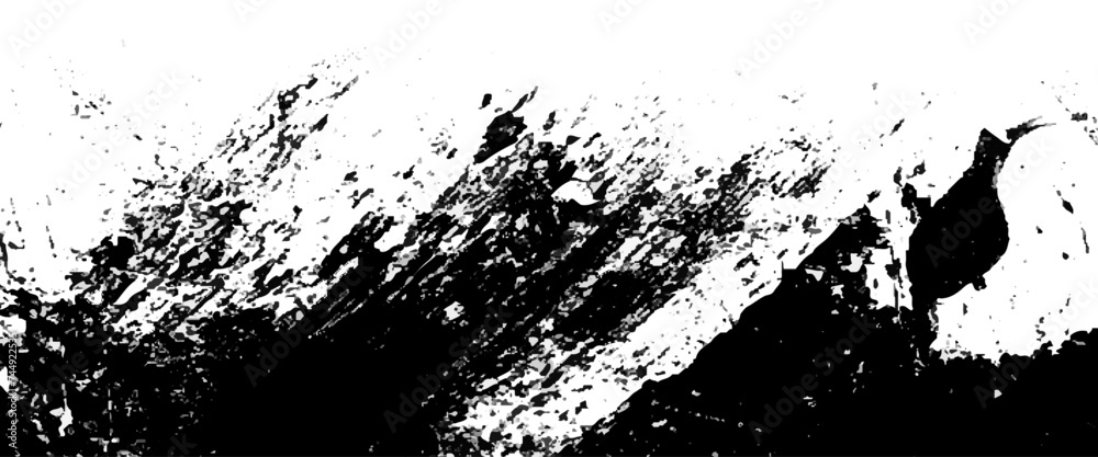 Vector stroke paint brush paint japan black ink style splatter, black and white background with grunge texture.