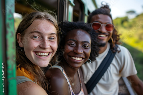 Sunlit Memories: Happy Group of African-American and Caucasian Friends Taking a Selfie on Vacation