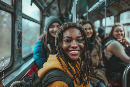 City Adventures: Smiling Teens Capture the Fun Moments of their Urban Journey on the Bus