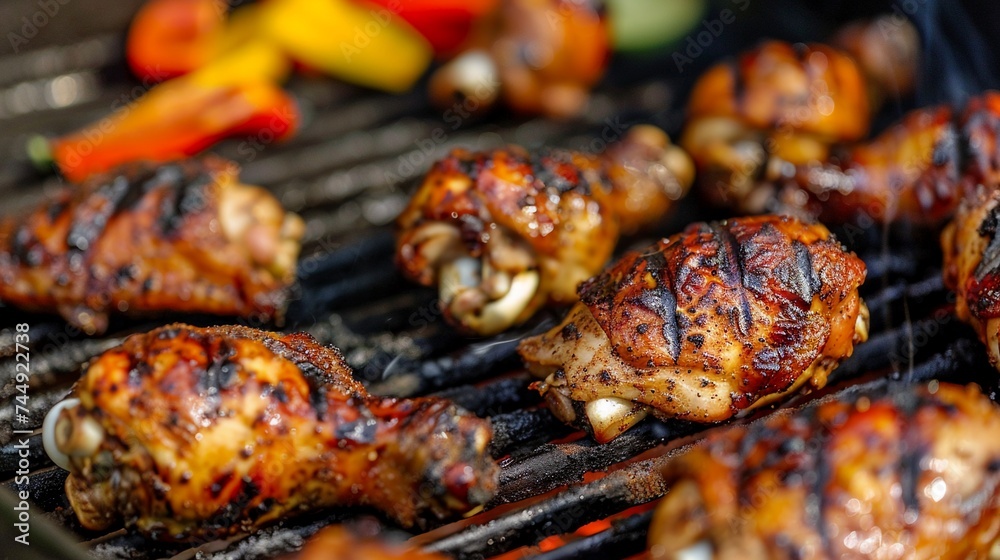 barbecue with delicious grilled chicken legs on grill.