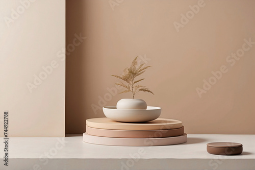 Abstract Display  Minimalistic Podium in a Contemporary Room with Nature-inspired Pastel Decor