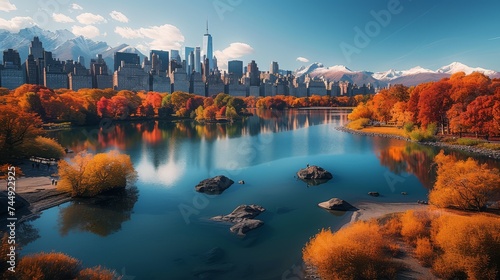 Vivid autumn colors in a serene urban park with city skyline backdrop