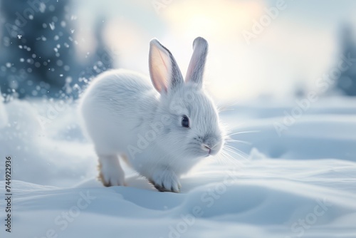A white rabbit exploring a pristine snowy landscape under a soft sky