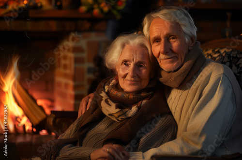 Senior couple sitting together in a cozy setting with a warm fireplace.