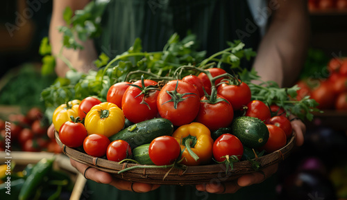 Close-up of hands holding a woven basket full of vibrant, fresh vegetables.