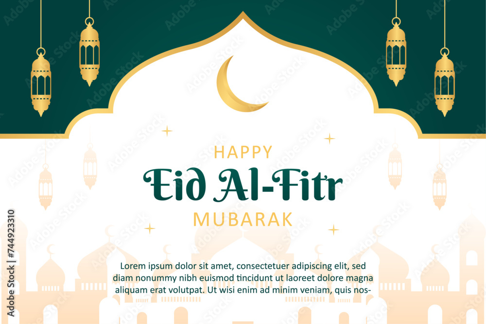 Eid Al-Fitr Mubarak Islamic greetings background illustrations. Template banner design with gold frame, mosque, and lantern. Card vector
