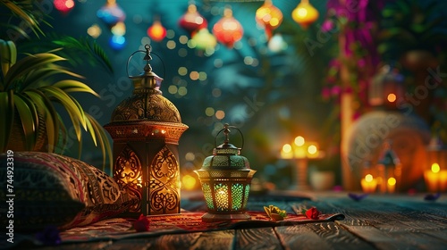 Ramadan Kareem greeting card. Ramadan lanterns on the table