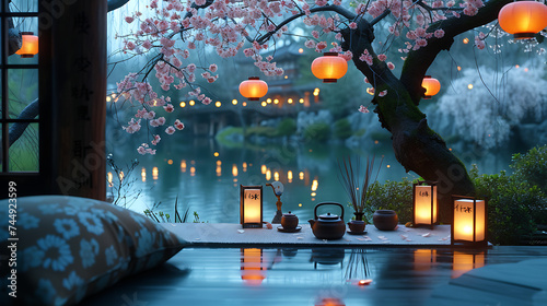 Cerimônia do Chá Japonesa Elegância Serena à Beira do Rio com Lanternas Coloridas e Cerejeiras em Flor photo