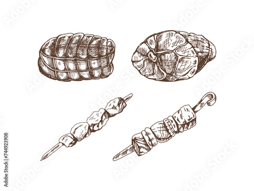 Set of hand-drawn sketches of meat pieces, ham, pork, dried meat, kebabs. Fresh meat products. For design of menu, butcher shop.