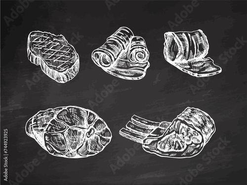 Set of hand-drawn sketches of meat pieces, beef steak, ham, pork, bacon, ribs. Fresh meat products on chalkboard background. For design of menu, butcher shop. Engraved illustration.