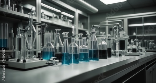  A well-equipped laboratory with various glassware and chemicals