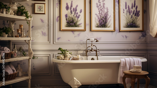A traditional bathroom with vintage botanical prints on the beige wallpaper and a bouquet of lavender on the bathtub.