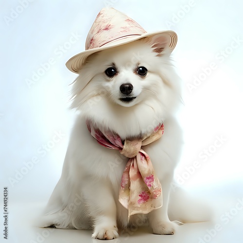 A white pomeranian wearing hat and silk floral scarf pretty on white background, generative ai