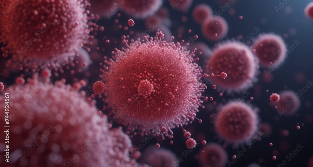 Fototapeta premium Viral particles in a microscopic view, illustrating the spread of a contagion