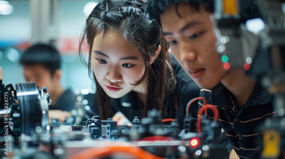 A male and female student conducting a robotics trajectory in the lab and space, Generative AI.