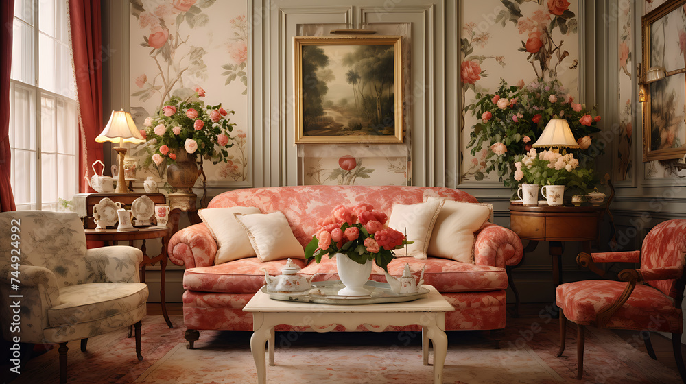 A Victorian-style sitting room with framed botanical prints on the wallpapered walls and a bouquet of roses.