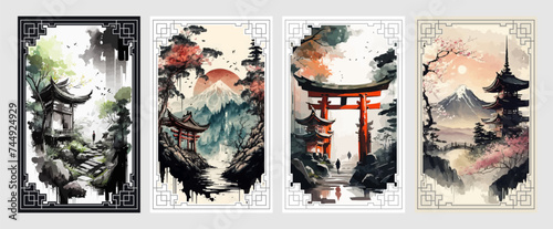 Paintings using watercolors and Chinese ink  Landscape with Japanese pagoda and mountains.