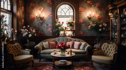 A Victorian-style sitting room with framed botanical prints on the wallpapered walls and a bouquet of roses. © Muhammad
