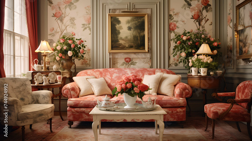 A Victorian-style sitting room with framed botanical prints on the wallpapered walls and a bouquet of roses.