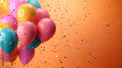birthday or anniversary balloons and confetti decoration for surprise parties event setup as wide banner with copy space area - Generative AI